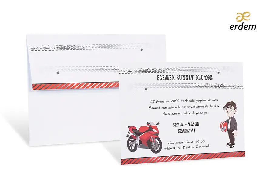 Beyaz Zarflı Kırmızı Motosikletli ve Lastik İzli Eğlenceli Sünnet Davetiyesi