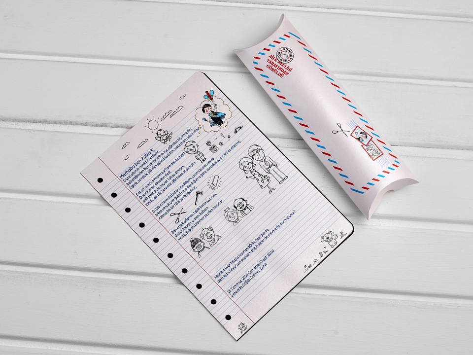 Çizgili Okul Defteri Formunda, Hava Postası Zarf Kuşaklı ve Karikatürlü Sünnet Davetiyesi (2)